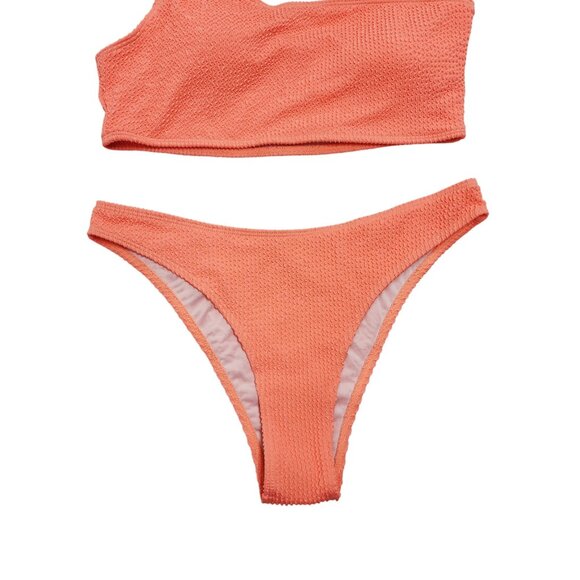Womens Coral One-Shoulder Textured Swimsuit Bikini Set  Size L - Picture 4 of 7